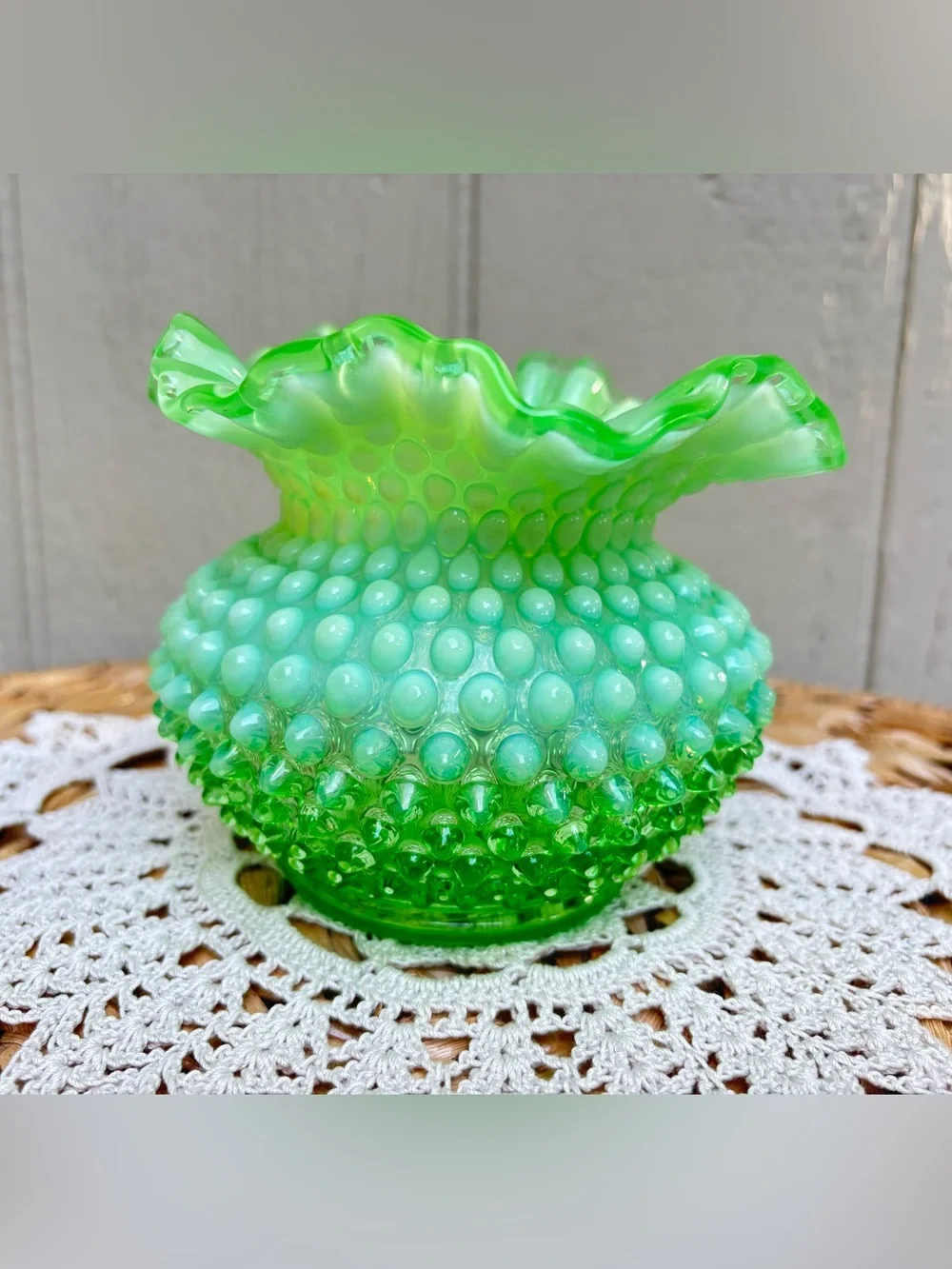 Fenton Rose Bowl Lime Green Opalescent Hobnail Glows!